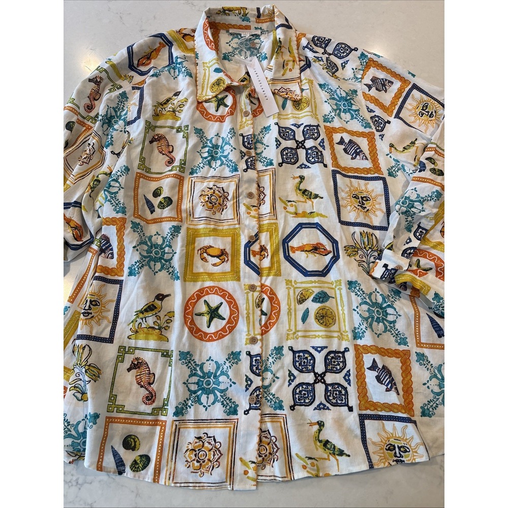 Jane & Delancey Women's Plus Sz 3X Vibrant Mixed Fruit Linen Blend Button-Up Top